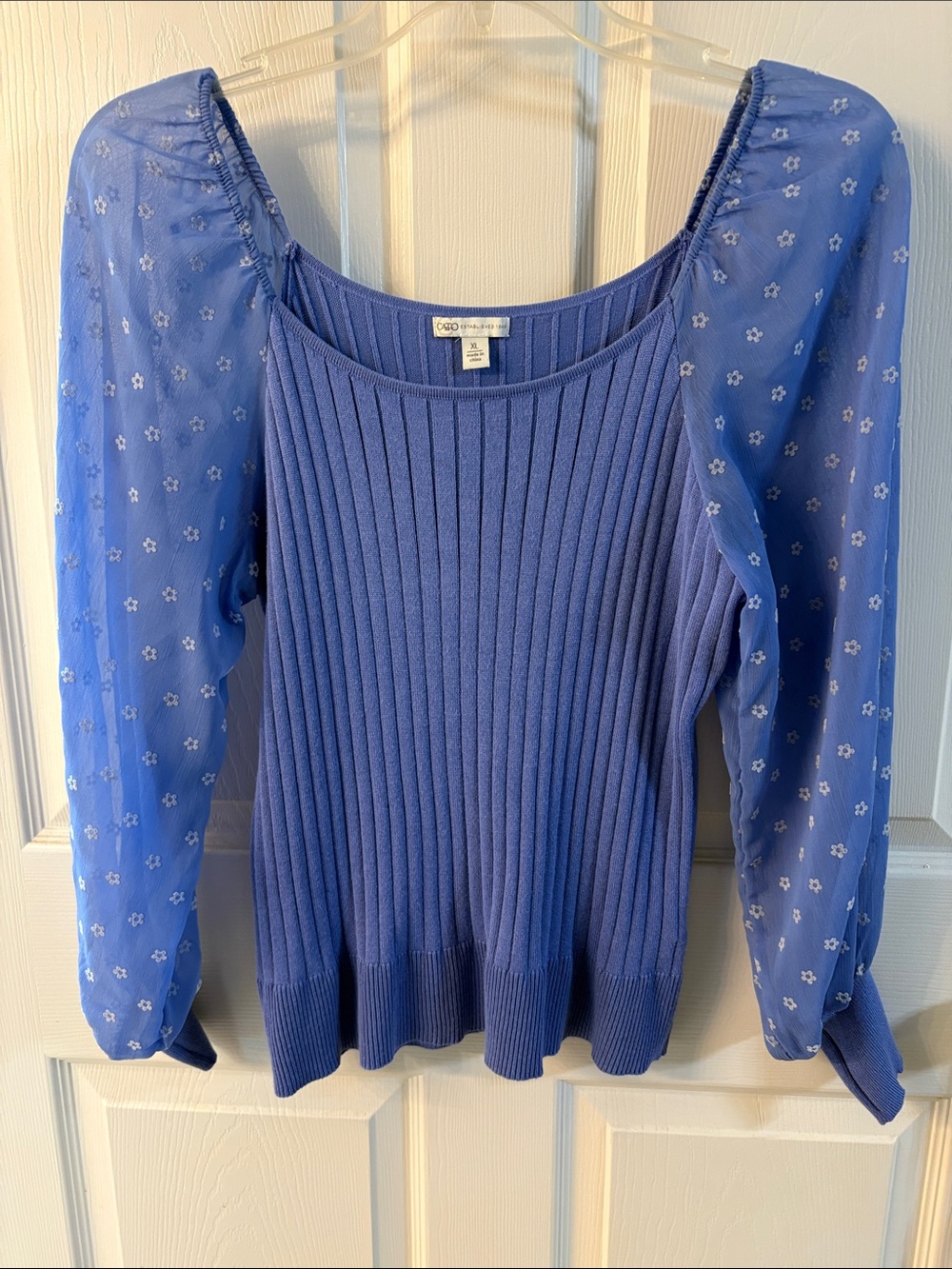 Cato Periwinkle Ribbed Scoop Sweater with Sheer Floral Sleeves